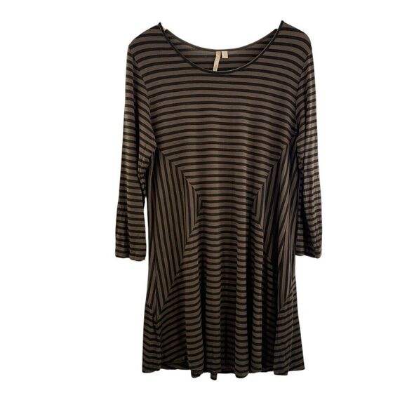 Comfy USA Jersey Knit Brown Striped Fit & Flare T-Shirt Dress Large Flowy - Picture 1 of 15